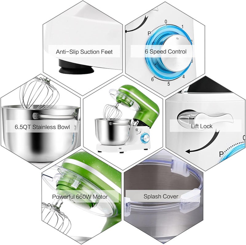 AUCMA Stand Mixer,6.5QT 660W 6-Speed Tilt-Head Food Mixer, Kitchen Electric Mixer with Dough Hook, Wire Whip & Beater (Green-White, 6.5QT) (Renewed) - Image 3